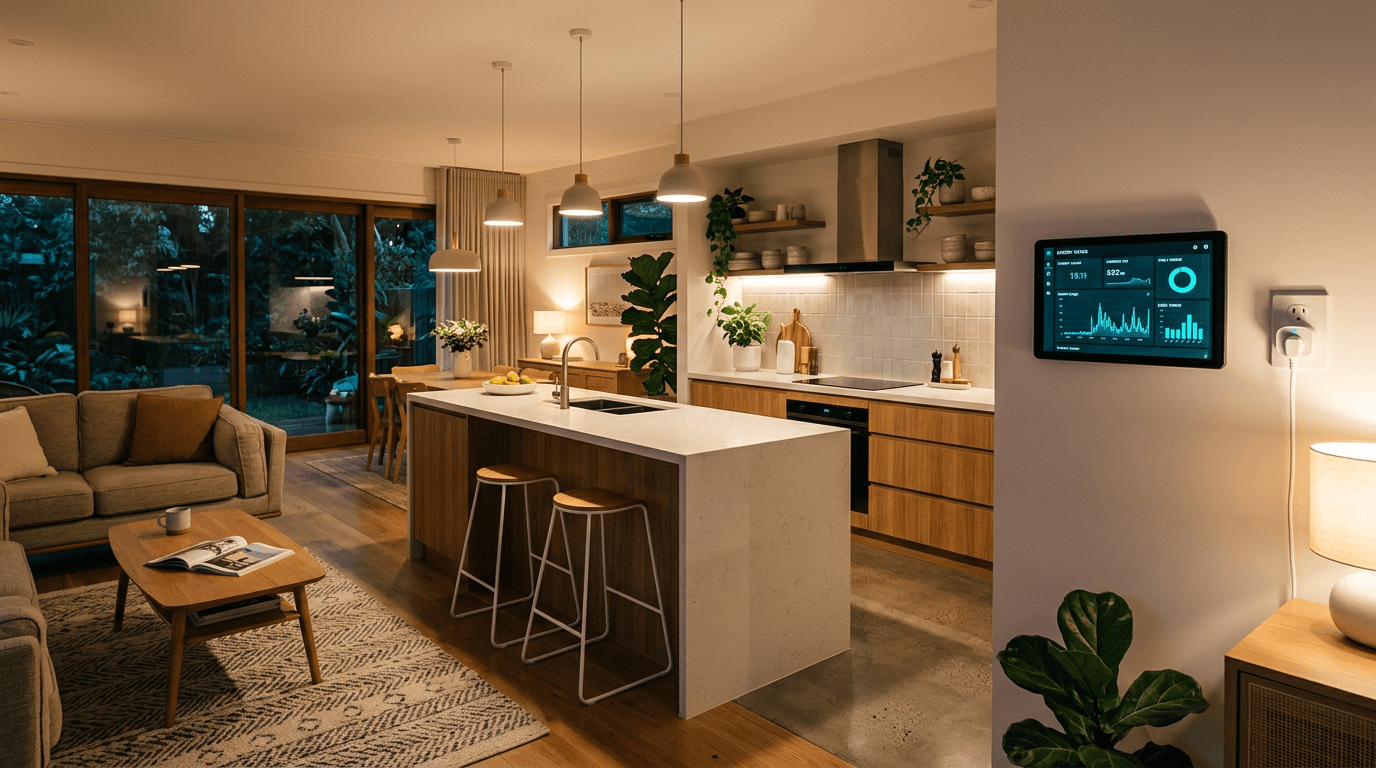 A modern Australian home with a wall-mounted energy monitoring display showing real-time power usage data and smart home controls